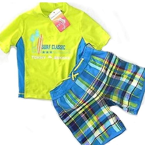 7 Tommy Bahama Boys Rashguard and Trunks Swimsuit Set Light Blue//Plaid
